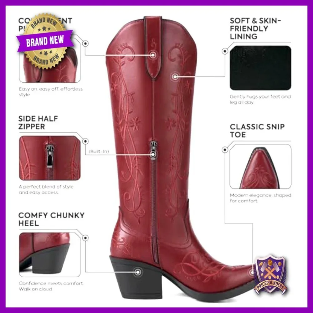 Knee High Cowgirl Boots Retro Vintage Chunky Heel Side Zipper Snip Toe